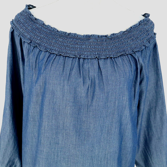 Chicos Top 1 Womens Medium 8 Blue Cotton Off Shoulder Blouse Boho Romantic - Picture 7 of 13